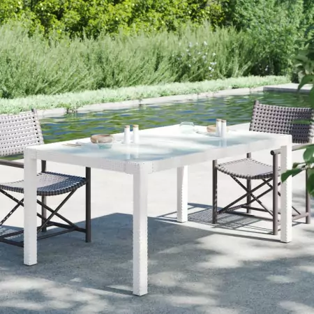 Tavolo Giardino 150x90x75cm Vetro Temperato Polyrattan Bianco