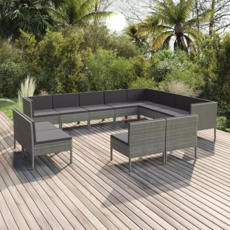 Set Divani da Giardino 12 pz con Cuscini in Polyrattan Grigio