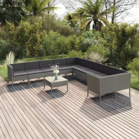 Set Divani da Giardino 11 pz con Cuscini in Polyrattan Grigio