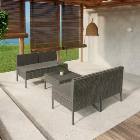 Set Divani da Giardino 5 pz con Cuscini in Polyrattan Grigio