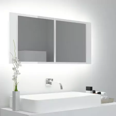 Armadietto a Specchio con Luci LED Bianco Lucido 100x12x45 cm