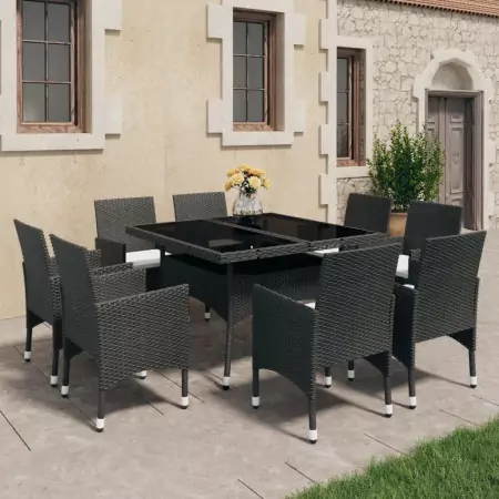 Set Mobili da Pranzo per Giardino 9 pz Polyrattan e Vetro Nero