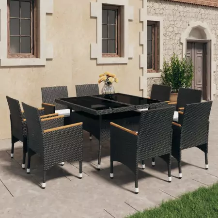 Set da Pranzo da Giardino 9 pz in Polyrattan e Acacia Nero