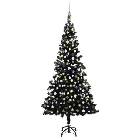 Set Albero Natale Artificiale con LED e Palline Nero 210 cm PVC