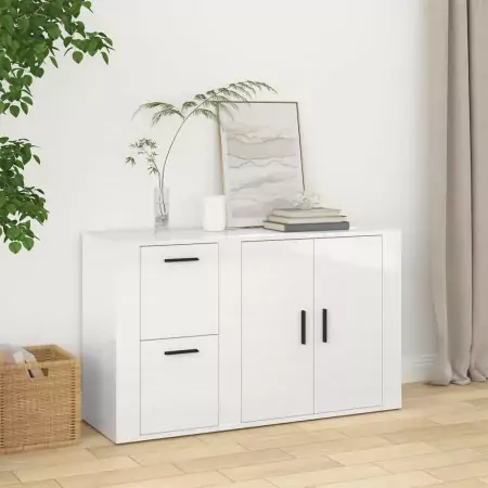 Credenza Bianco Lucido 100x33x59,5 cm in Legno Multistrato