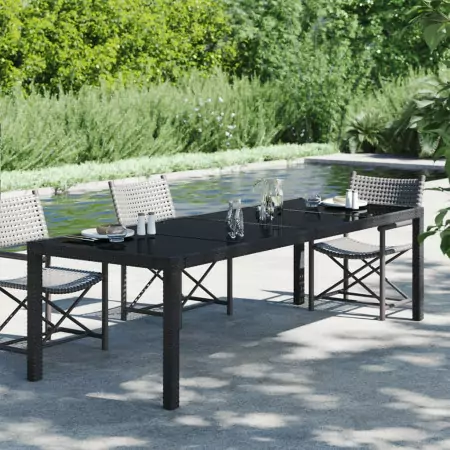 Tavolo Giardino Nero 250x100x75cm Vetro Temperato e Polyrattan