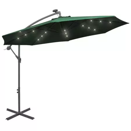 Ombrellone Pensile con Luci LED 300 cm Verde Palo in Metallo