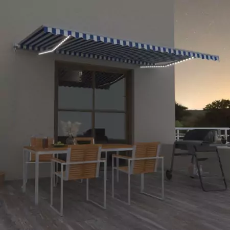 Tenda da Sole Retrattile Manuale LED 500x350 cm Blu e Bianca