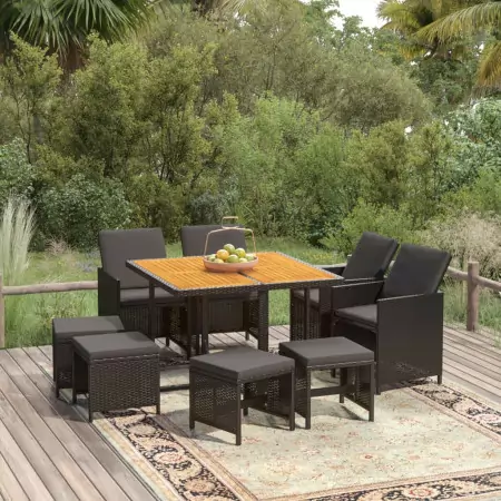 Set da Pranzo da Giardino 9 pz con Cuscini in Polyrattan Nero