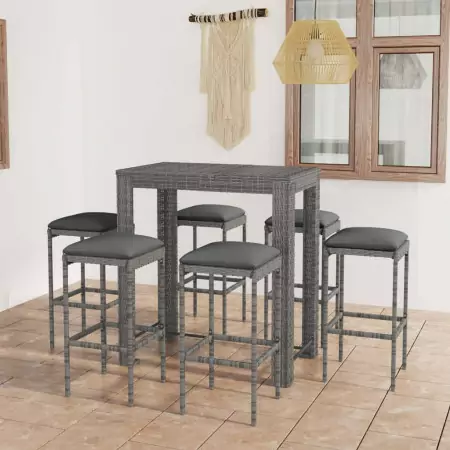 Set da Bar da Giardino 7 pz con Cuscini in Polyrattan Grigio