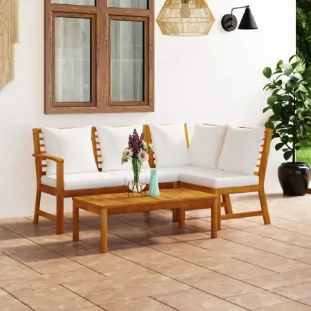 Set Divani da Giardino 4 pz con Cuscini Crema in Legno Acacia