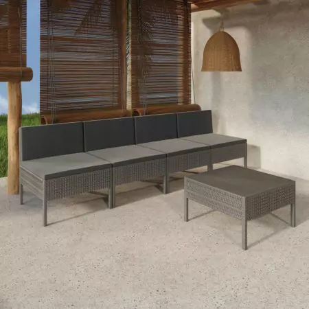 Set Divani da Giardino 5 pz con Cuscini in Polyrattan Grigio