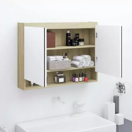 Armadietto a Specchio per Bagno 80x15x60 cm MDF Bianco e Rovere