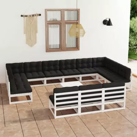 Set Divani da Giardino 14 pz Cuscini Bianchi Massello di Pino