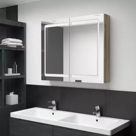 Armadietto Bagno con Specchio e LED Bianco e Rovere 80x12x68 cm