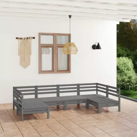 Set Divani da Giardino 6 pz Grigio in Legno Massello di Pino