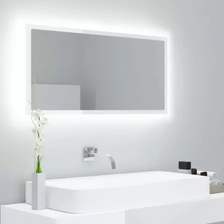 Specchio da Bagno LED Bianco Lucido 90x8,5x37 cm in Truciolato