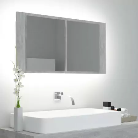 Armadietto a Specchio con Luci LED Grigio Cemento 90x12x45 cm