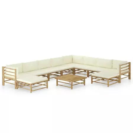 Set Divani da Giardino 11 pz con Cuscini Bianco Crema in Bambù