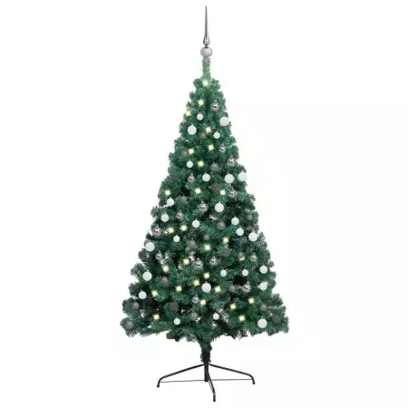 Set Albero Natale Artificiale a Metà LED e Palline Verde 180cm