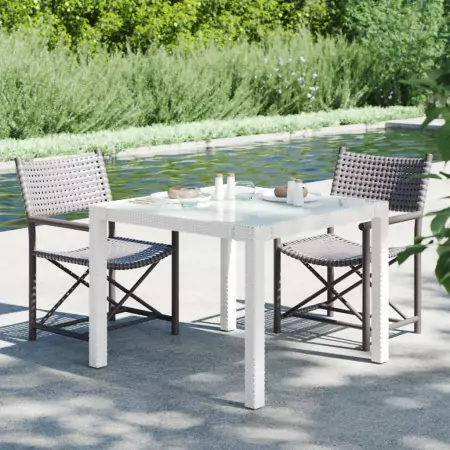 Tavolo Giardino 90x90x75 cm Vetro Temperato e Polyrattan Bianco