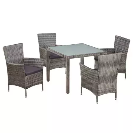 Set da Pranzo da Giardino 5 pz con Cuscini in Polyrattan Grigio