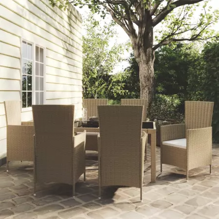 Set Mobili da Pranzo Giardino 7 pz con Cuscini Polyrattan Beige