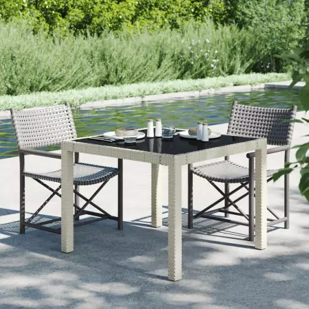 Tavolo Giardino 90x90x75 cm Vetro Temperato e Polyrattan Beige