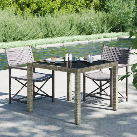 Tavolo Giardino 90x90x75 cm Vetro Temperato e Polyrattan Grigio