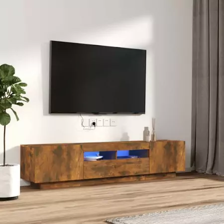 Set Mobili TV 2pz con Luci LED Rovere Fumo in Legno Multistrato