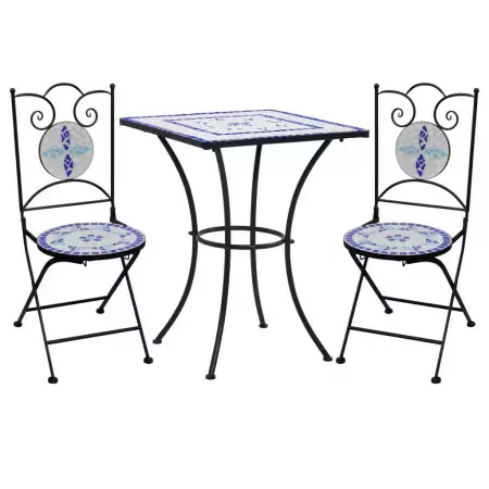 Set Bistrò 3 pz con Mosaico in Ceramica Blu e Bianco