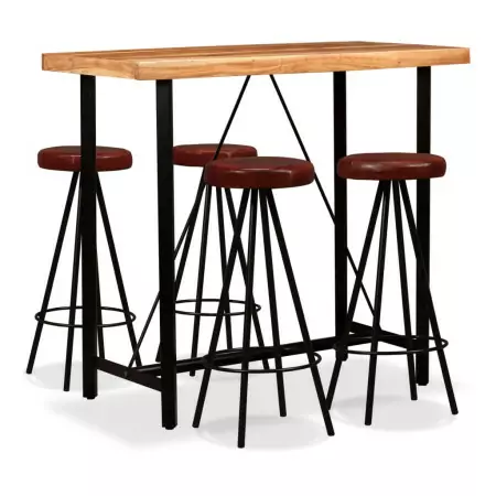 Set da Bar 5 pz in Legno Massello di Acacia e Vera Pelle