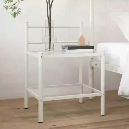 Comodino Bianco e Trasparente 45x34,5x60,5 cm Metallo e Vetro