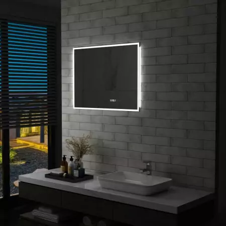 Specchio a LED Bagno con Sensore Tattile e Orologio 80x60cm