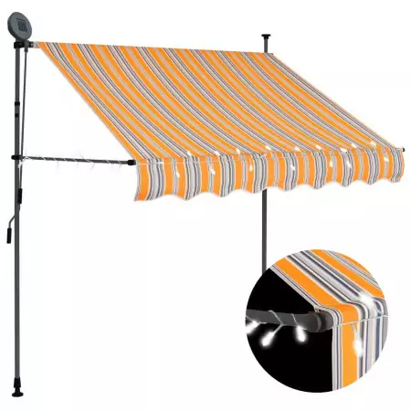 Tenda da Sole Retrattile Manuale con LED 150 cm Giallo e Blu