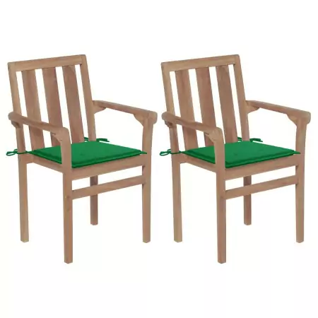 Sedie da Giardino 2 pz con Cuscini Verdi Massello di Teak