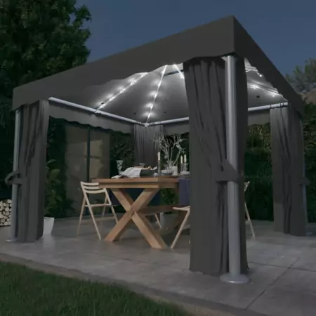 Gazebo con Tende e Stringa di Luci LED 3x3 m Antracite