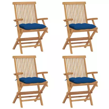 Sedie da Giardino con Cuscini Blu 4 pz Massello di Teak