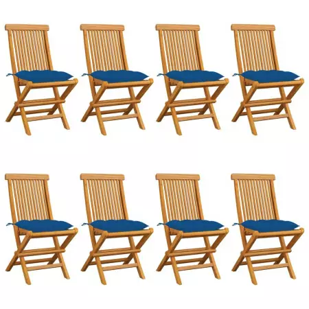 Sedie da Giardino con Cuscini Blu 8 pz in Massello di Teak