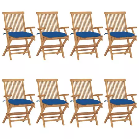 Sedie da Giardino con Cuscini Blu 8 pz in Massello di Teak