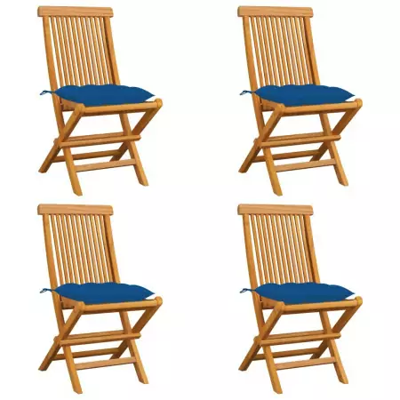 Sedie da Giardino con Cuscini Blu 4 pz Massello di Teak