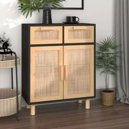 Credenza Nera 60x30x75 cm Legno Massello Pino e Rattan Naturale