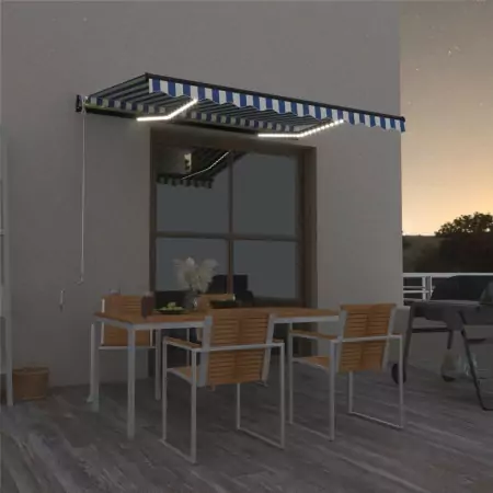 Tenda da Sole Retrattile Manuale con LED 400x300cm Blu e Bianca