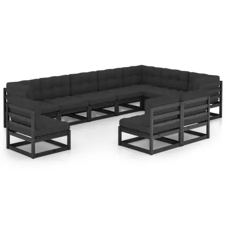 Set Divani da Giardino 10 pz con Cuscini Massello di Pino Nero