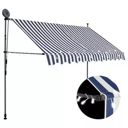 Tenda da Sole Retrattile Manuale con LED 250 cm Blu e Bianco