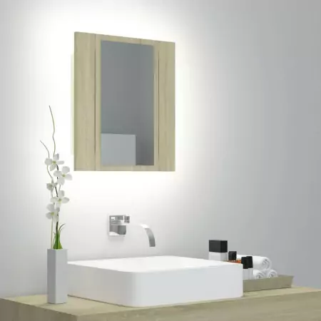 Armadietto a Specchio con Luci LED Rovere Sonoma 40x12x45 cm