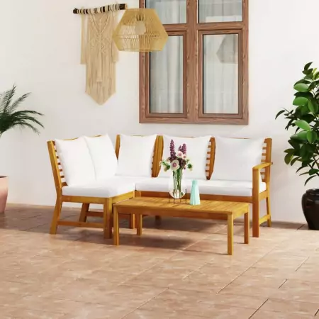 Set Divani da Giardino 4 pz con Cuscini Crema in Legno Acacia