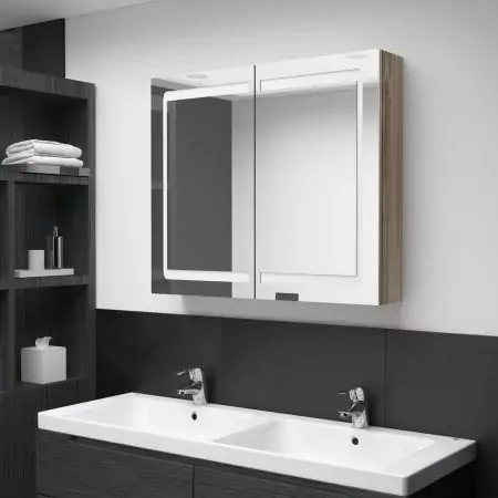 Armadietto Bagno con Specchio e LED Rovere 80x12x68 cm