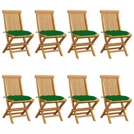 Sedie da Giardino con Cuscini Verdi 8 pz in Massello di Teak