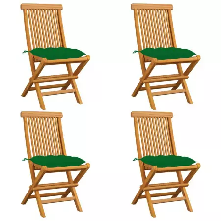 Sedie da Giardino con Cuscini Verdi 4 pz in Massello di Teak